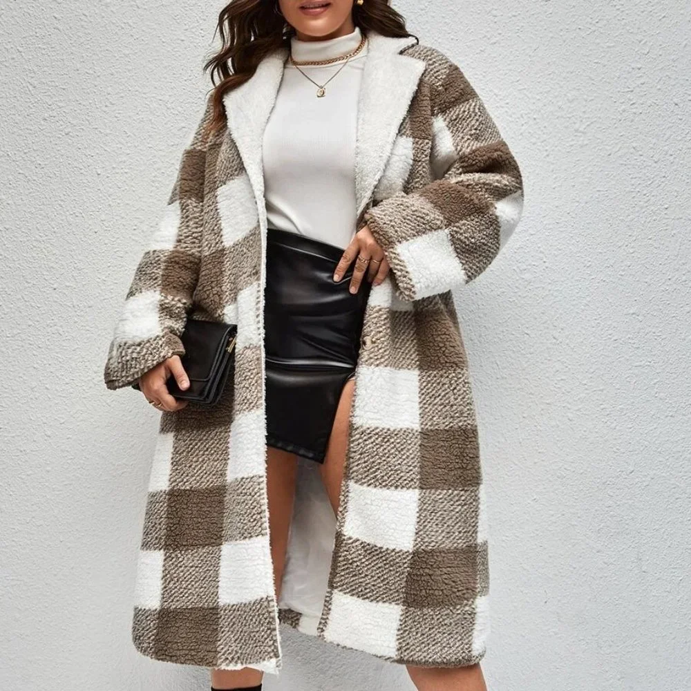 Plus Size Cuddle up Buffalo Plaid button down Teddy Coat - Picture 1 of 5